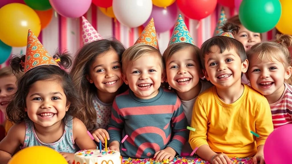 Happy children at a colourful birthday party with balloons and confetti