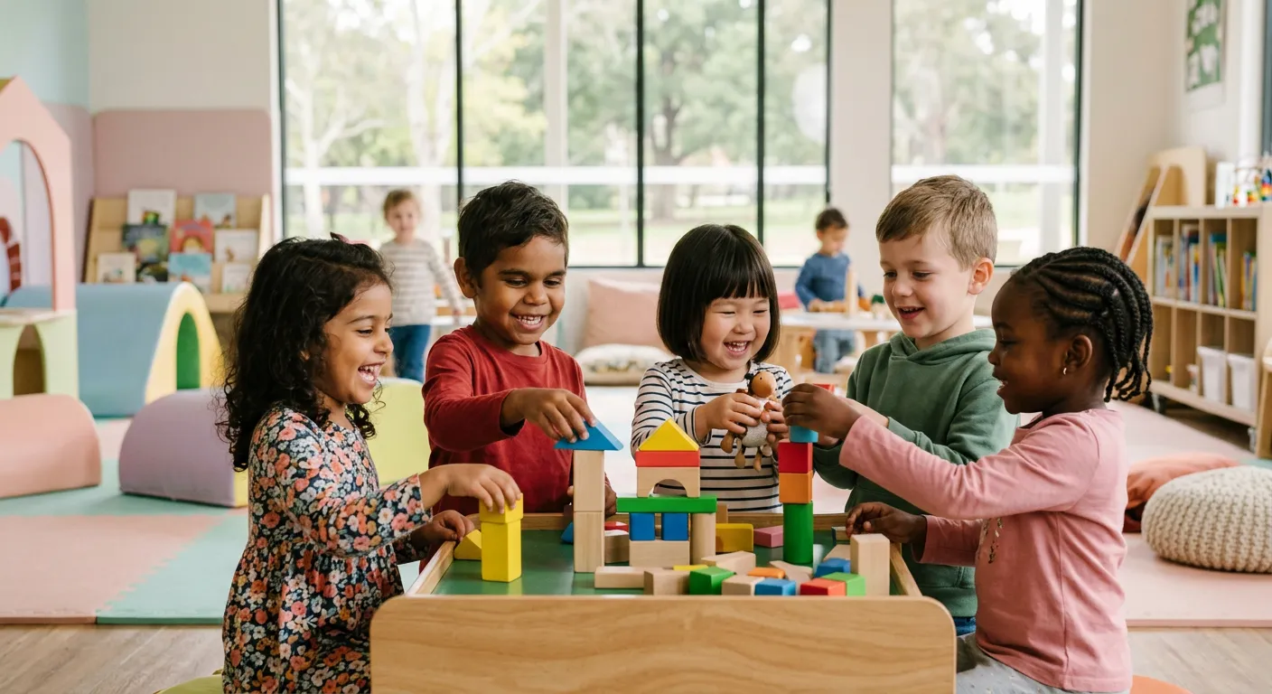 Diverse group of young children laughing and building with colourful blocks together at an indoor play centre
