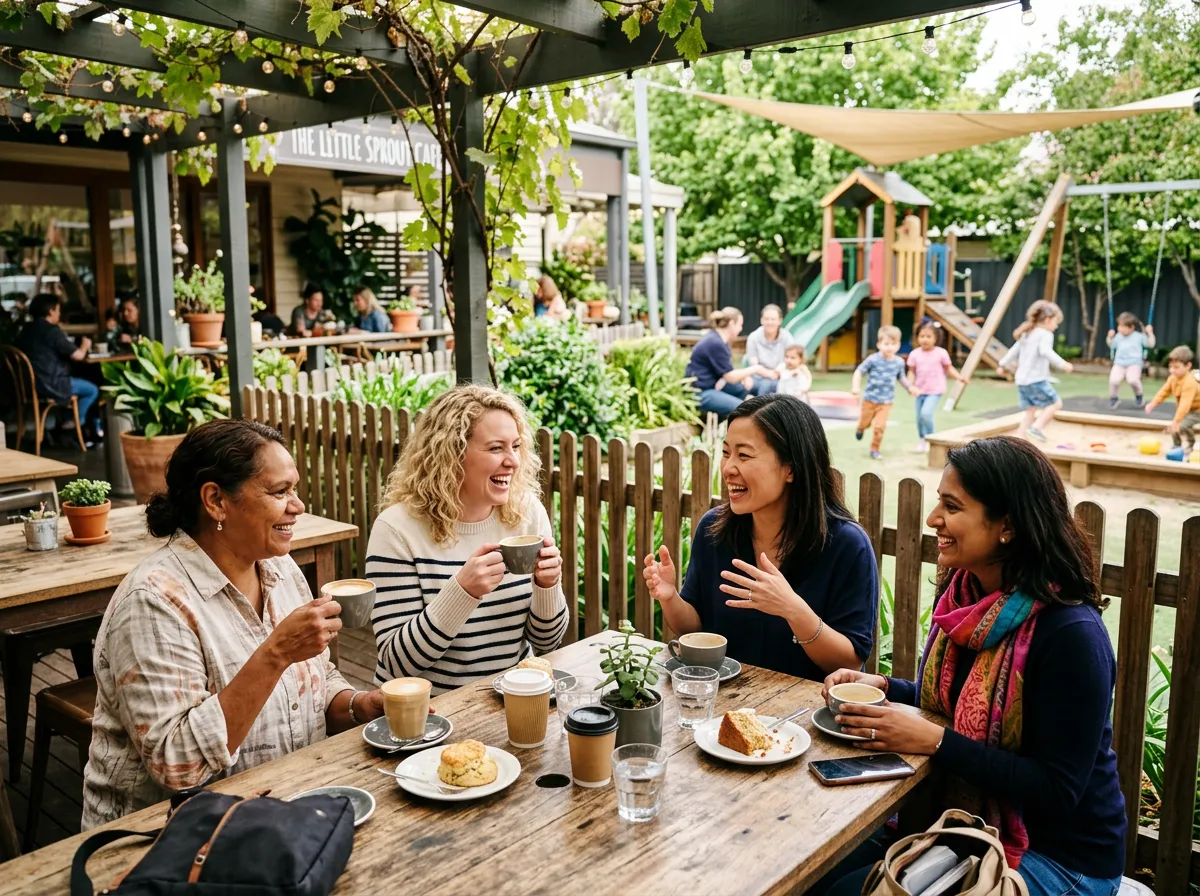 Group of mums enjoying coffee while children play nearby