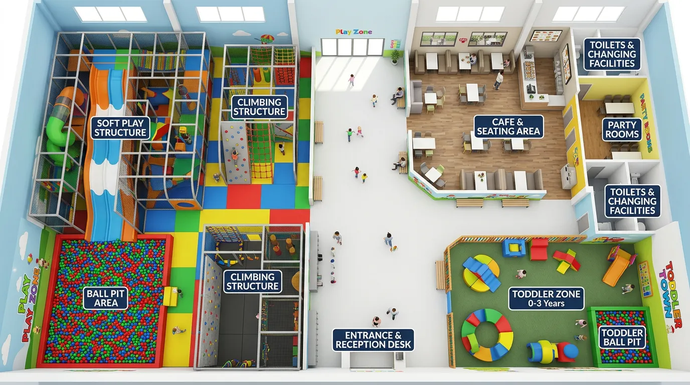 Aerial view of indoor play centre showing different play zones